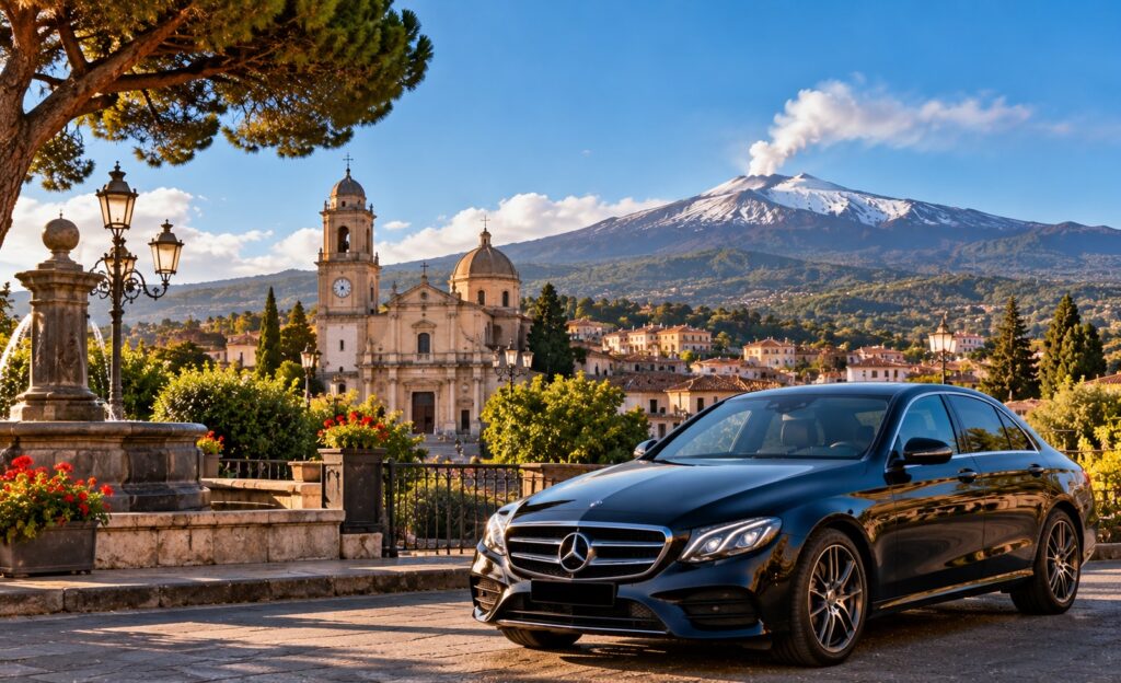 NCC a Pedara con auto privata e panorama dell'Etna